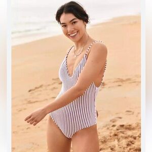 Aerie Terry Striped Scoop One Piece Swimsuit Brown Size Small
